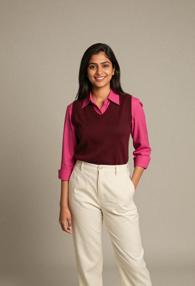 Magenta shirt under a burgundy knit vest for smart-casual professional style