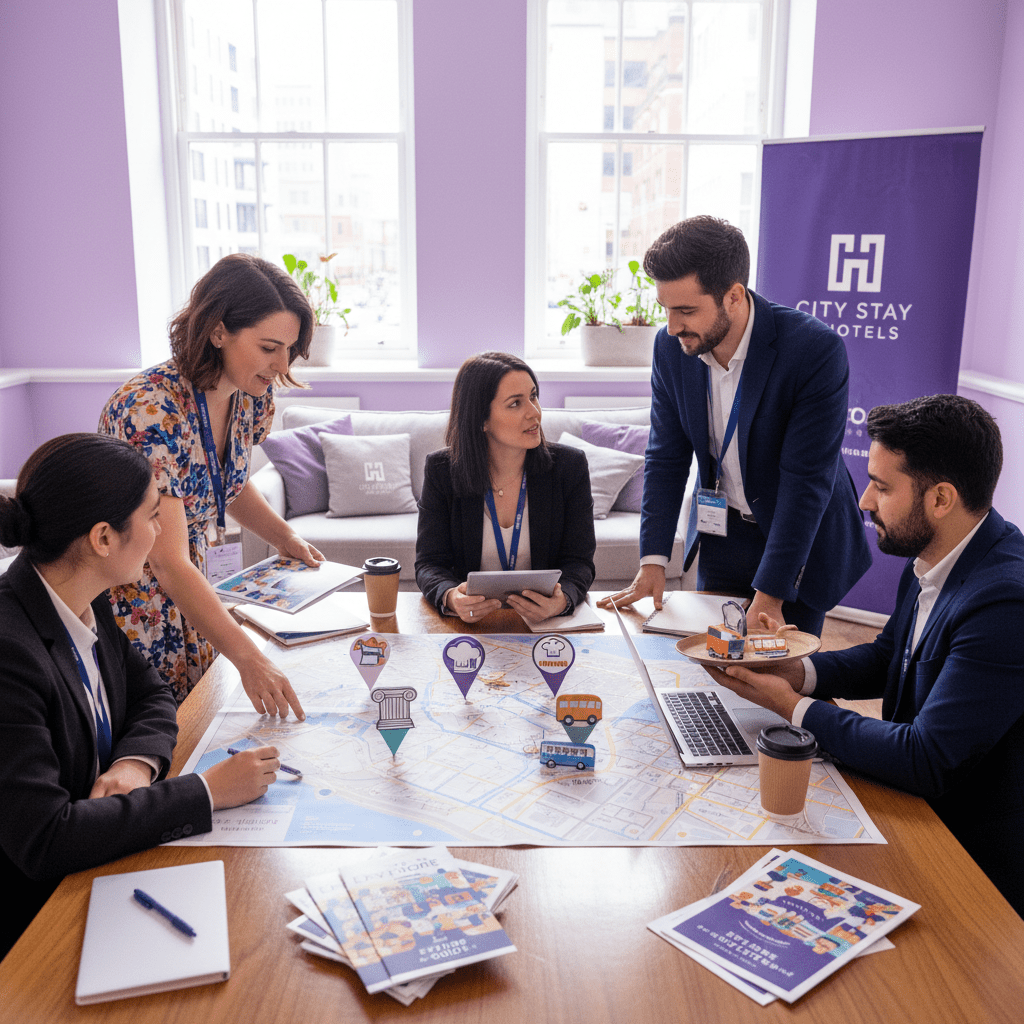 A hotel marketing team collaborating with local partners on a city map, museum, restaurant, and tour brochure pins, outreach and community connections