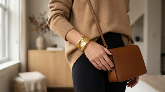 Elegant gold cuff bracelet and leather bag styled with leggings, warm natural light
