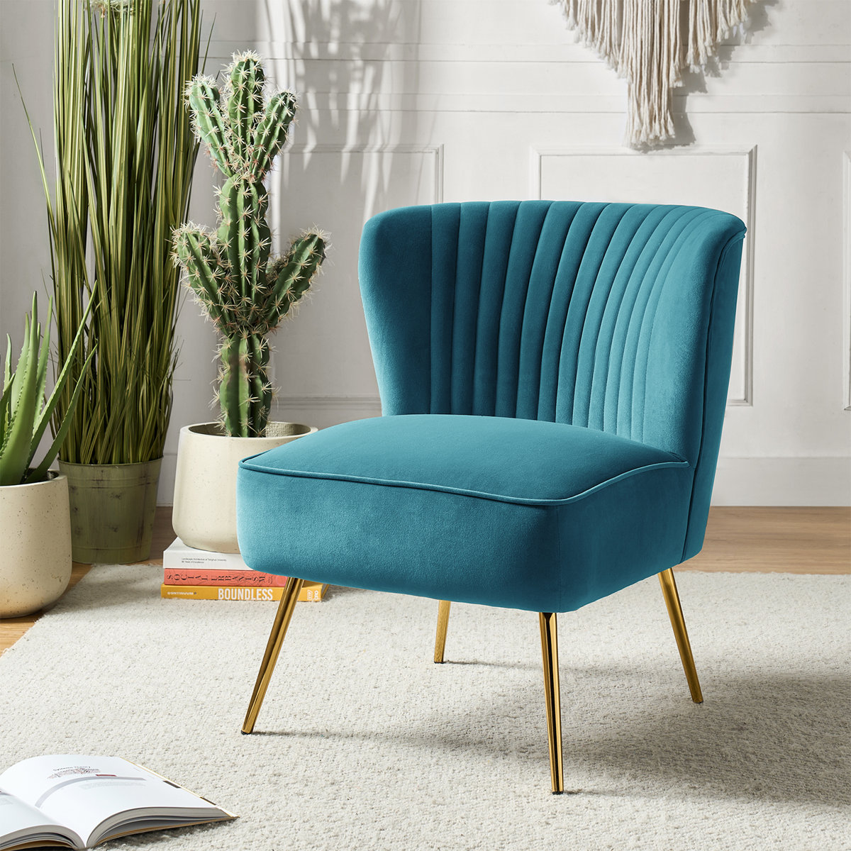 Modern Velvet Accent Chair with Gold Metal Legs