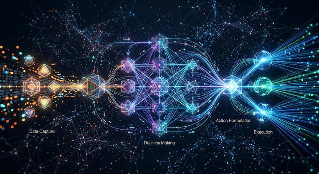 Abstract visualization of an AI agent workflow