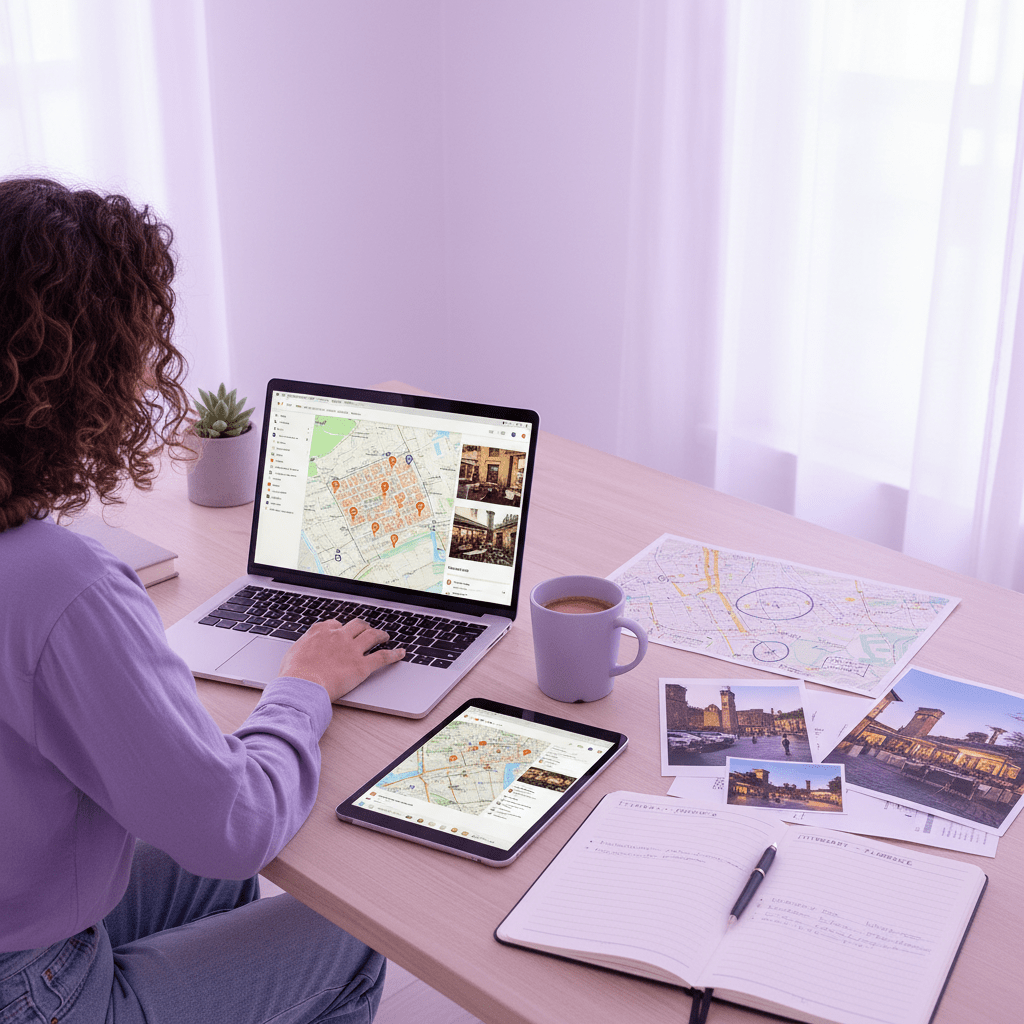 Travel planner researching a city guide on laptop with maps, local attractions, café photos, and itinerary notes on a tidy table