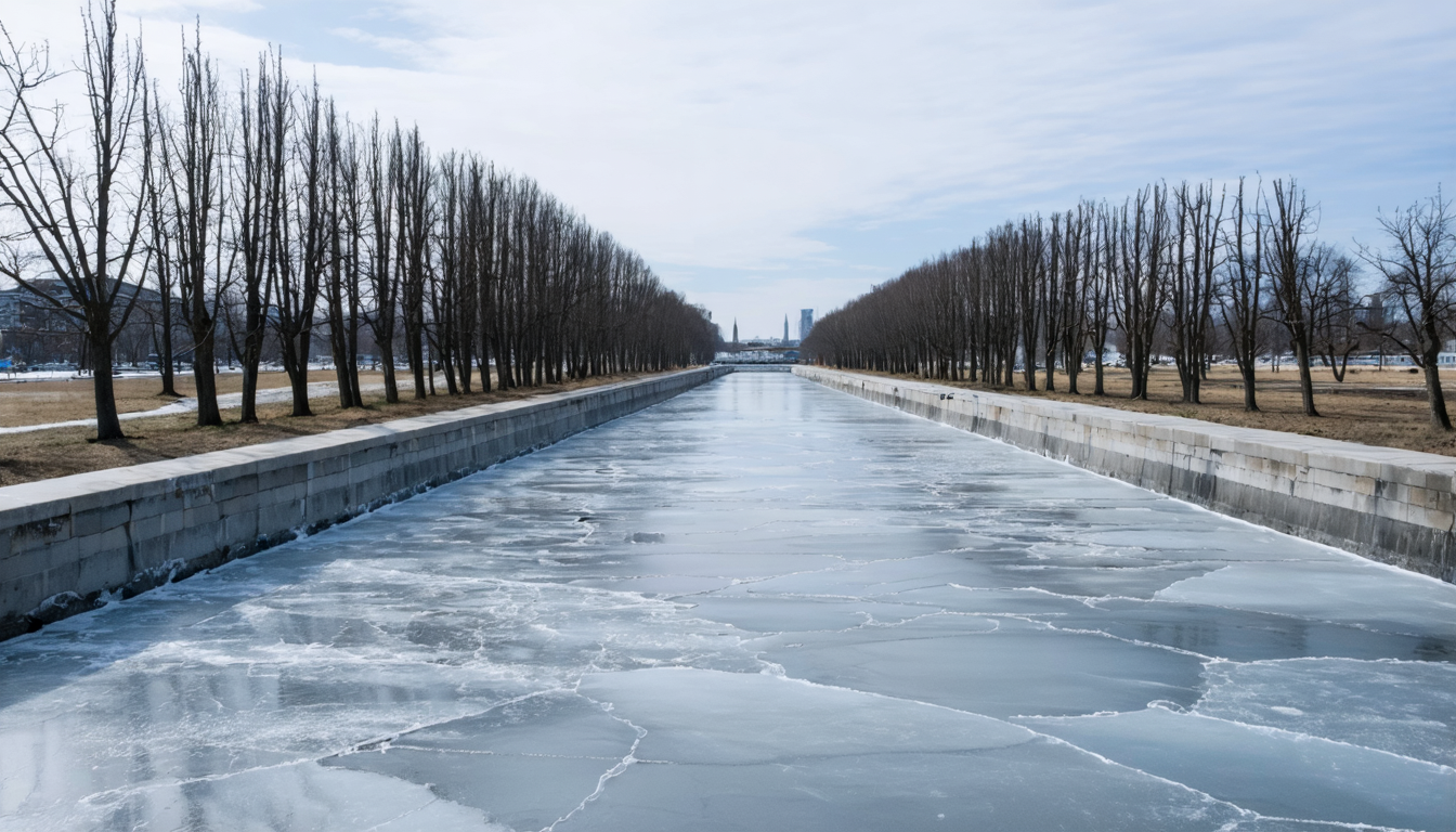 A frozen canal in Montreal lined with bare trees, cracks beginning to form in the ice surface catching pale winter light.