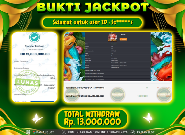 Selamat kepada Member PAMANSLOT Game The Koi Gate : SC*****S
