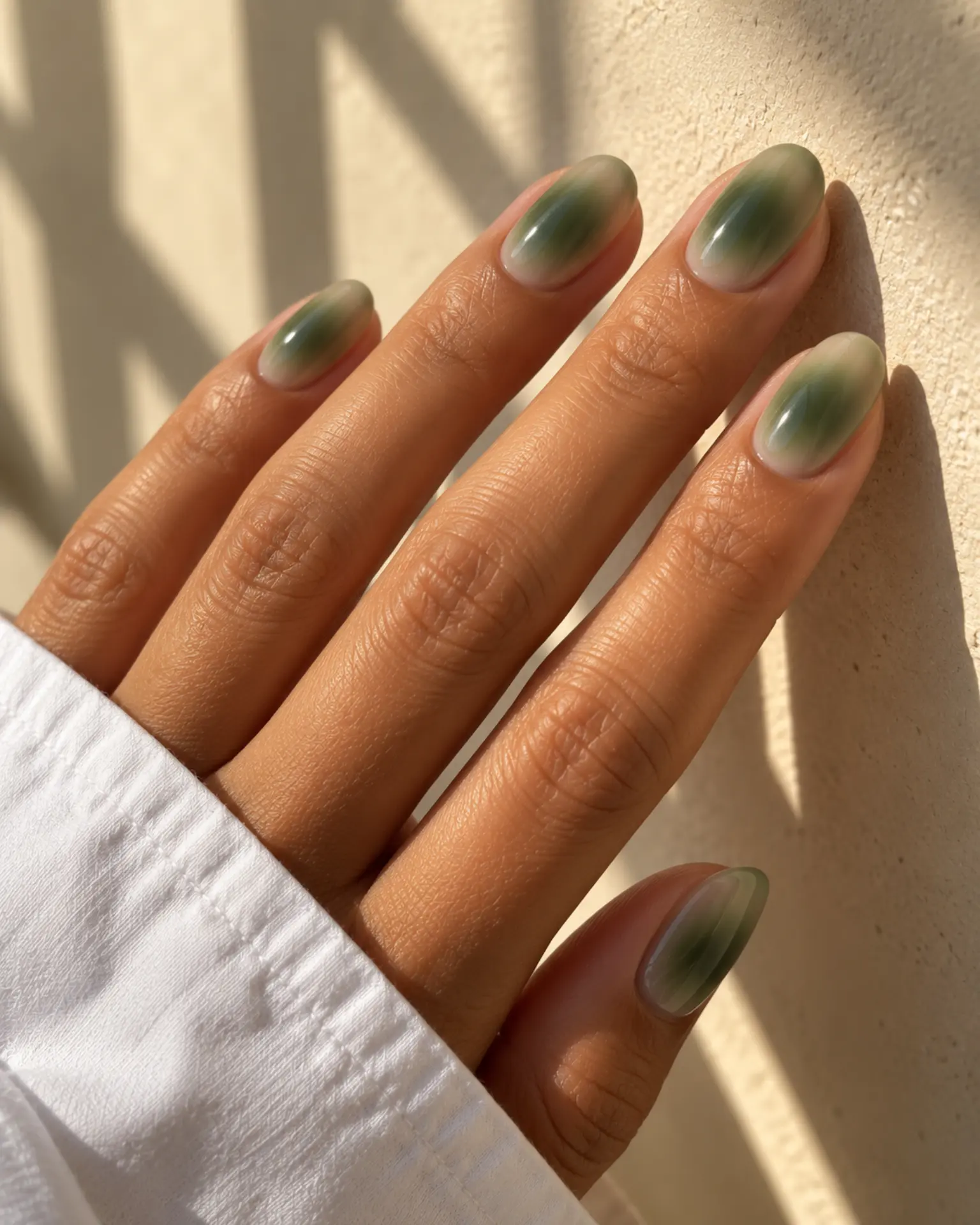 Green Tonal Aura Fade manicure inspiration for green nail ideas