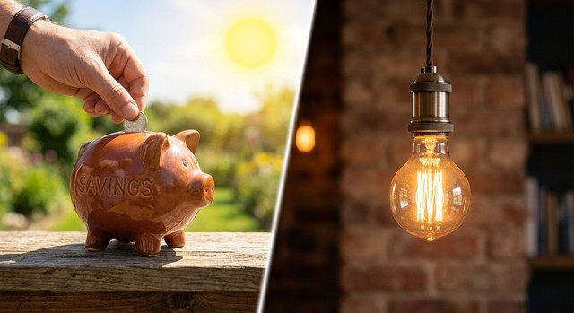Un salvadanaio che si riempie di monete sotto il sole accanto a una lampadina accesa, a simboleggiare il risparmio energetico.