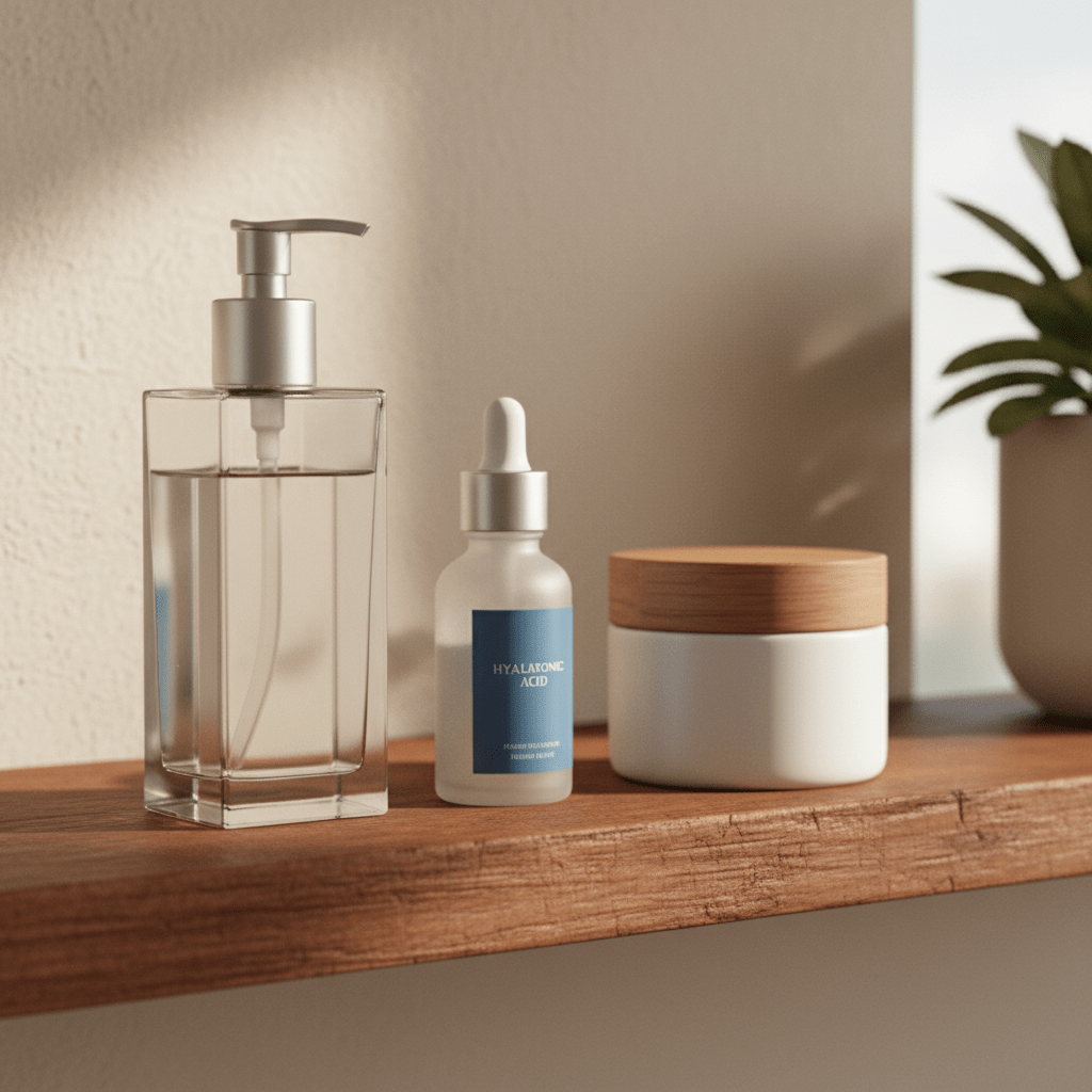 A minimalist bathroom shelf with glycerin, hyaluronic acid dropper, and moisturizer side by side