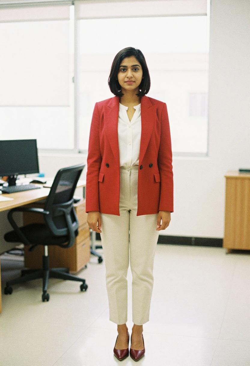 Crimson blazer with tailored trousers and burgundy pointed toe flats for corporate polish