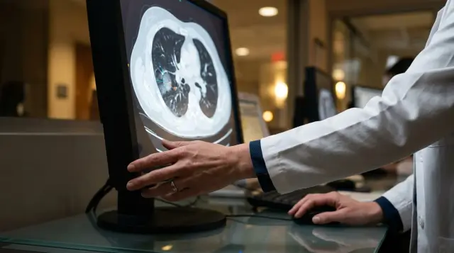 Radiologist's hands adjusting medical display showing CT scan in blue-lit clinical setting