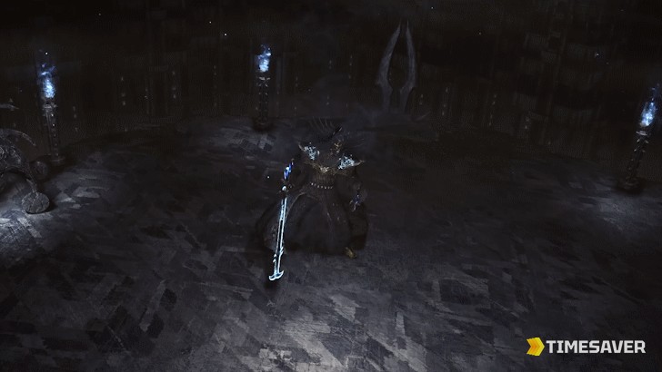 PoE2 Expedition pinnacle boss Olroth, Origin of the Fall standing in his arena with a glowing scythe