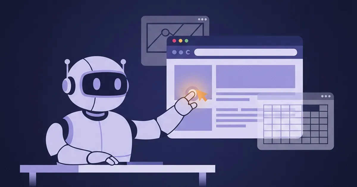 Claude in Chrome 教學封面插畫，呈現瀏覽器分頁、游標點擊與 AI 對話的示意