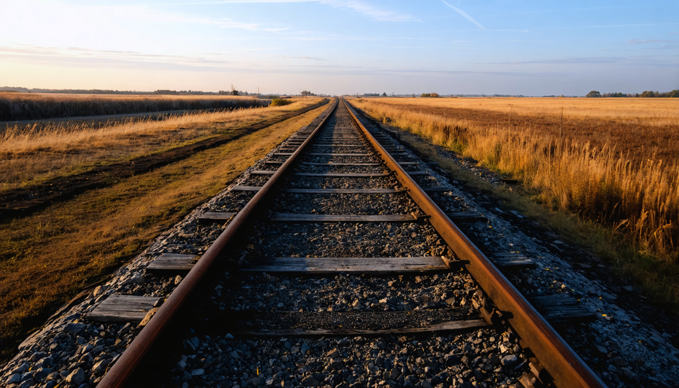 A single railway line stretching across an empty plain at dusk, vanishing toward a low horizon under a heavy sky.
