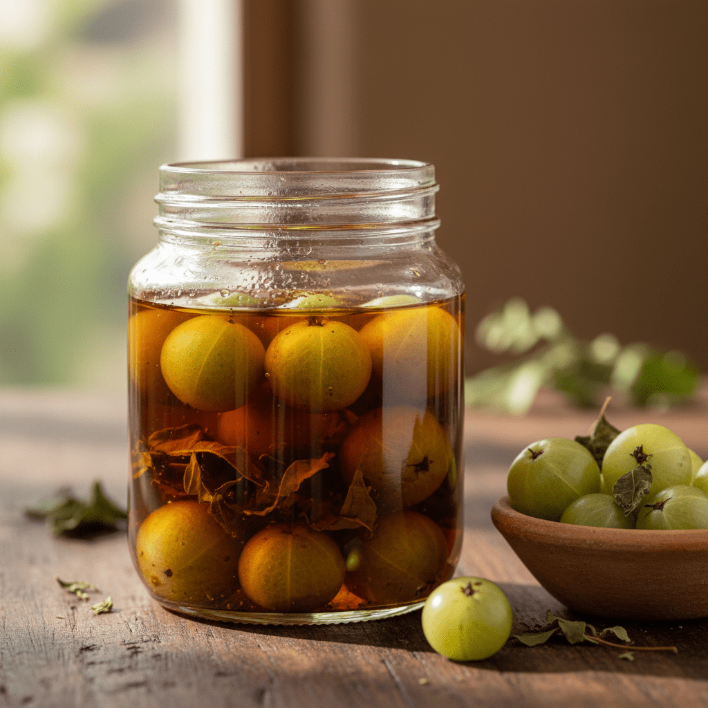 Close-up of amla fruits steeping in warm oil in a rustic jar