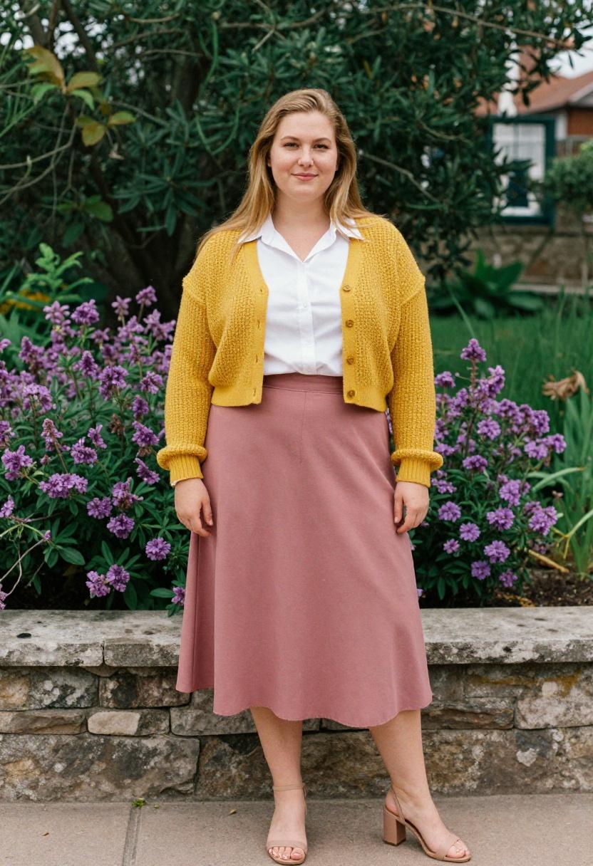 Plus-size woman in mustard yellow cropped open-knit cardigan over white shirt and dusty rose midi skirt, garden-ready spring outfit