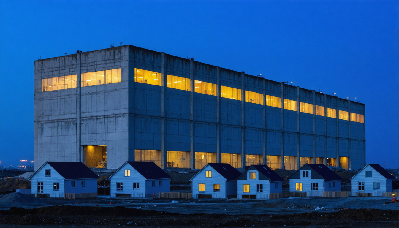 A massive windowless data center under construction at dusk, dwarfing a row of small houses in its shadow.