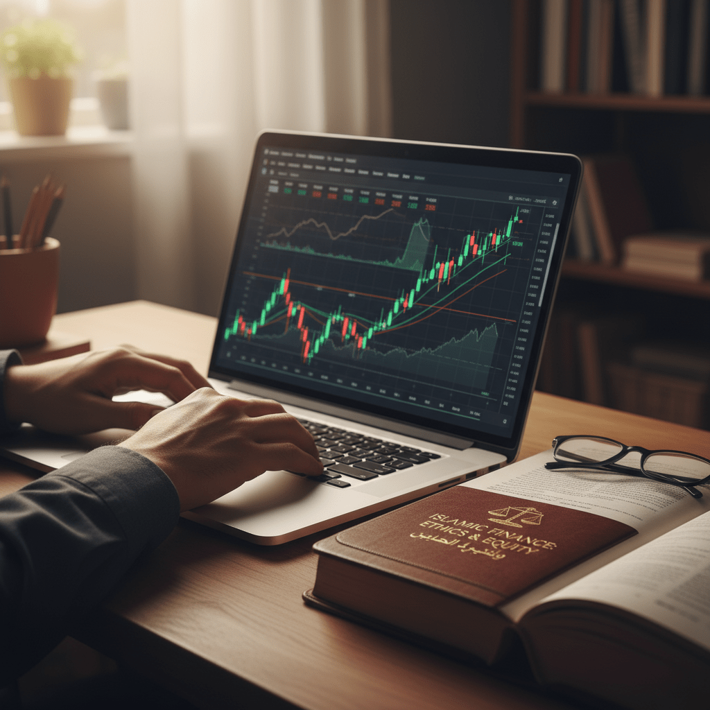 Hands typing on a laptop with financial charts, next to a book on Islamic finance