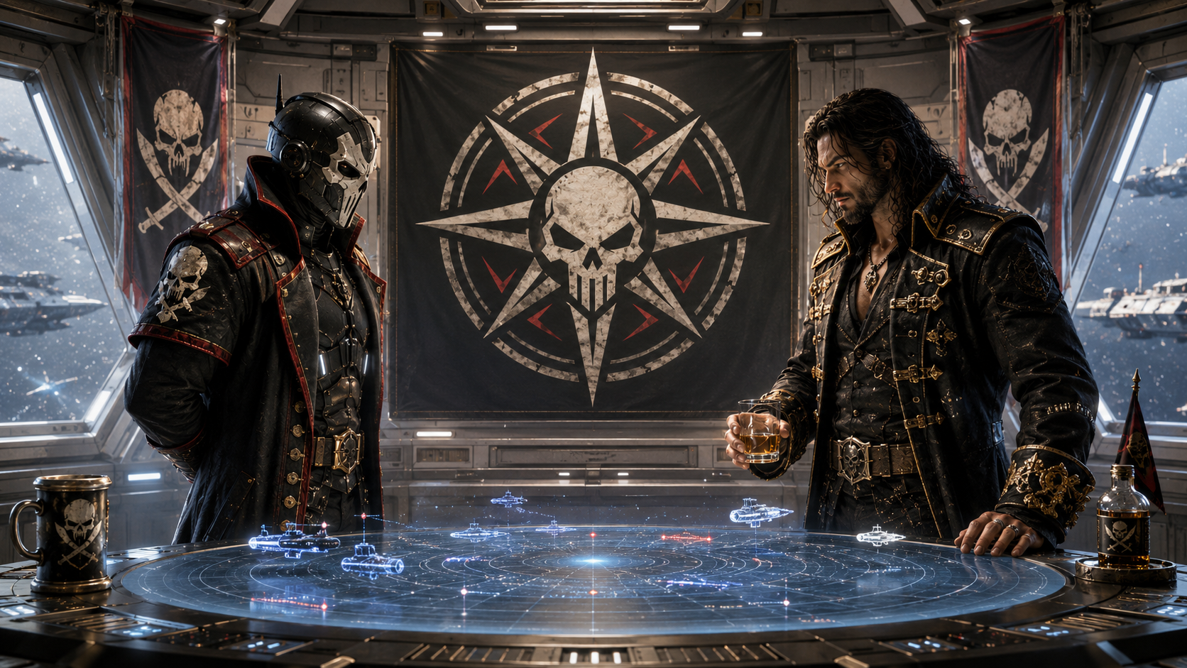 Krodo Rask and Tel von Sydow beneath the Pirate Nation emblem