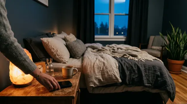 Hand placing smartphone face-down on nightstand in calm dimly lit bedroom at dusk