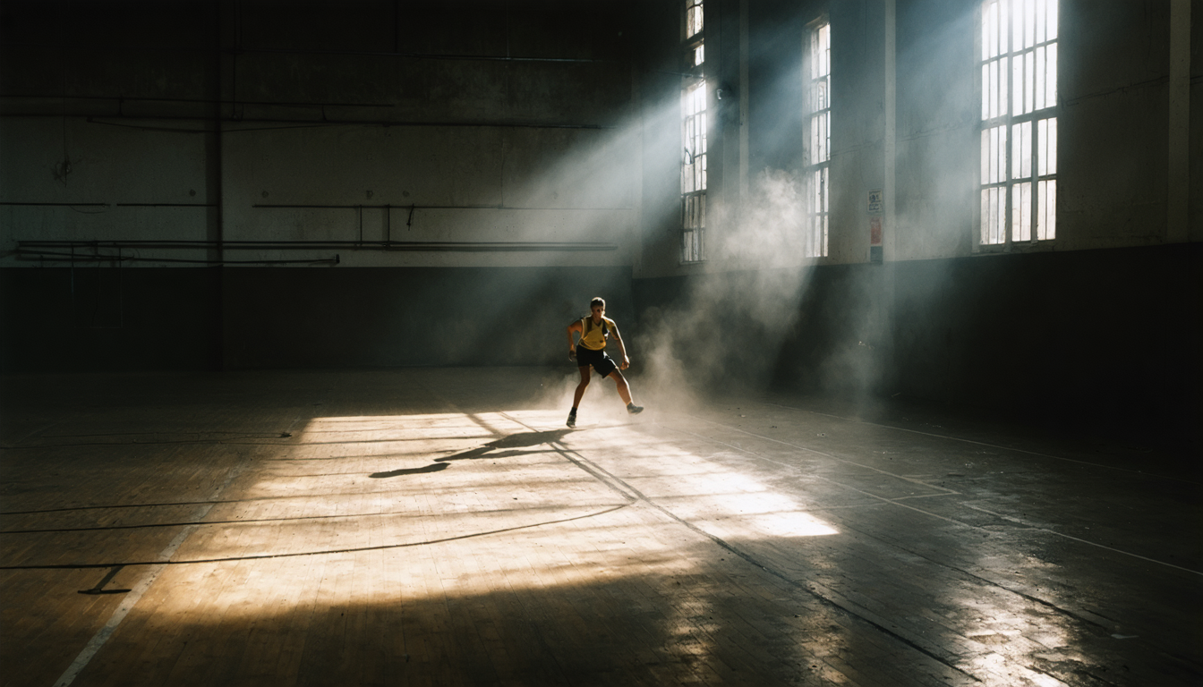 A dim indoor training hall with worn wooden floor, a single figure mid-motion caught in a shaft of window light, everything else in soft shadow.
