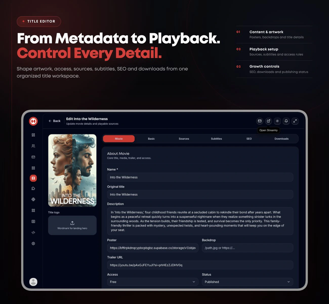 Streamly movie and TV title editor for metadata, artwork, playback sources, subtitles, SEO and downloads
