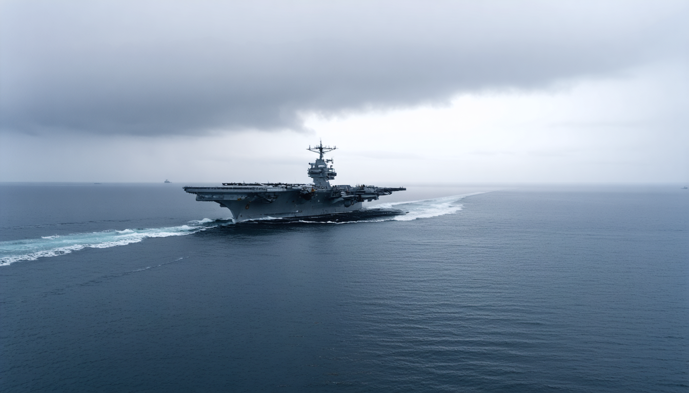 An aircraft carrier viewed from a great distance on an overcast sea, small against the gray horizon.