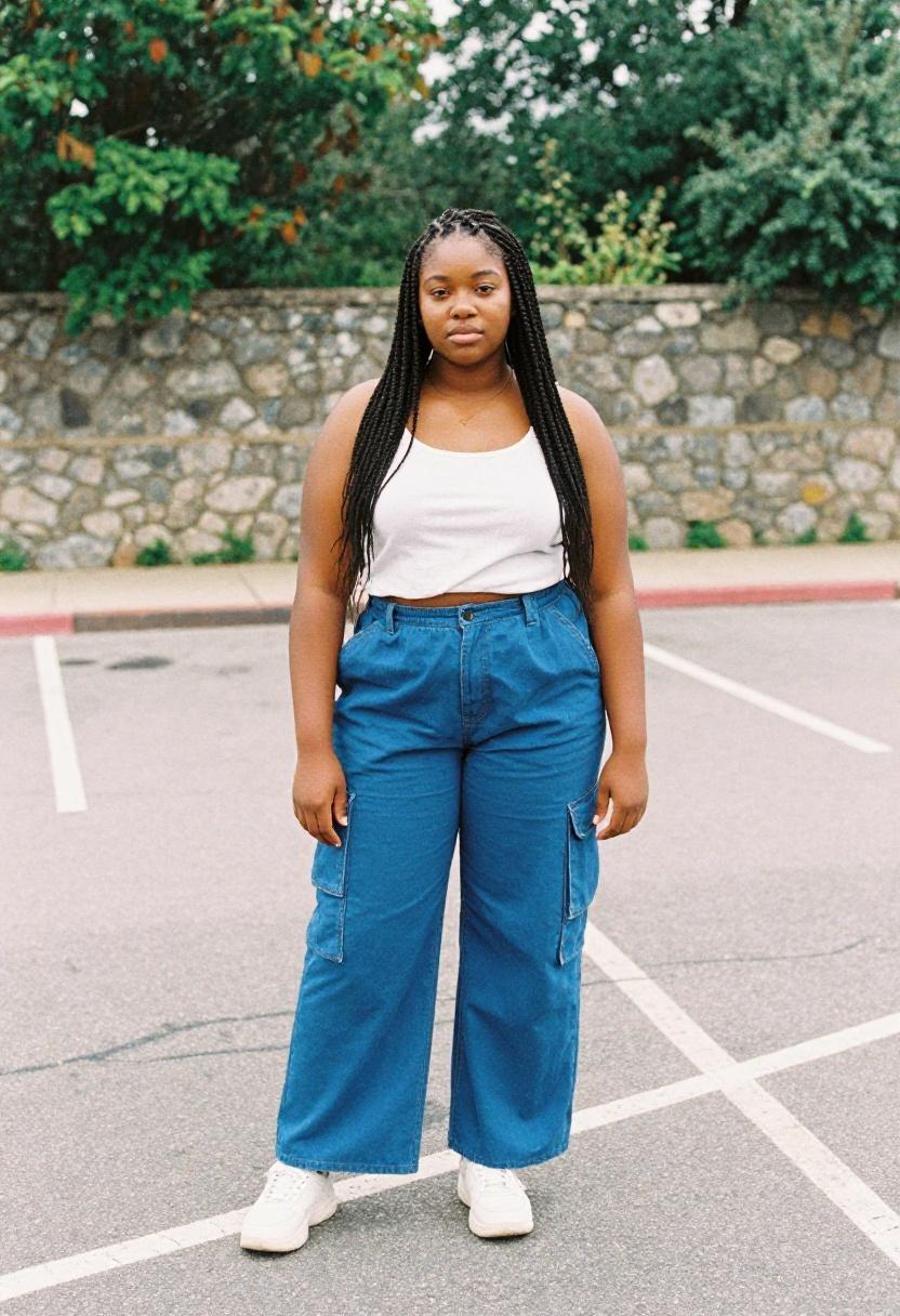 Cobalt blue cargo pants with cropped white tank top casual outdoor outfit