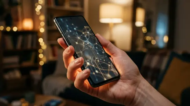Hand holding glowing smartphone with neural network reflections in warm ambient light