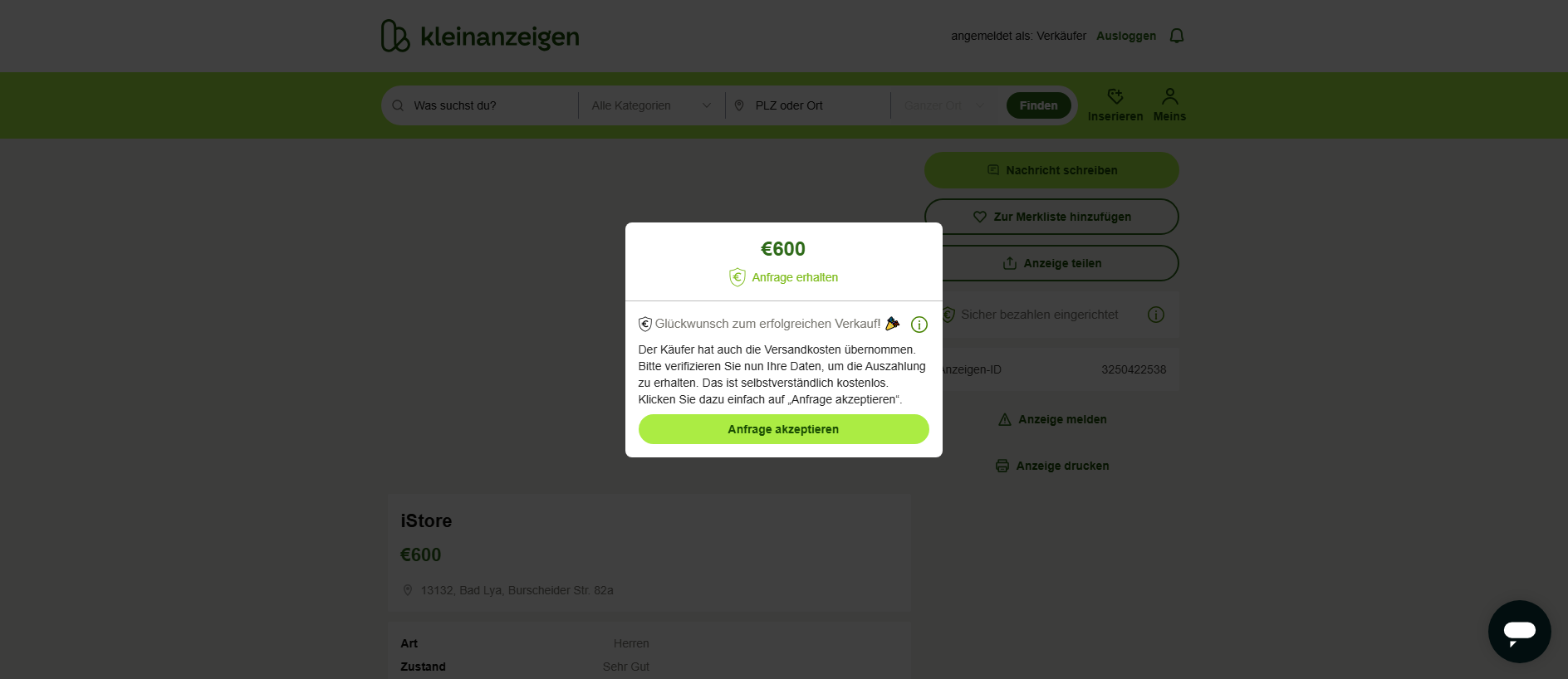 Stored capture of ebay-kleinanzeigen.order9817239812738103.shop