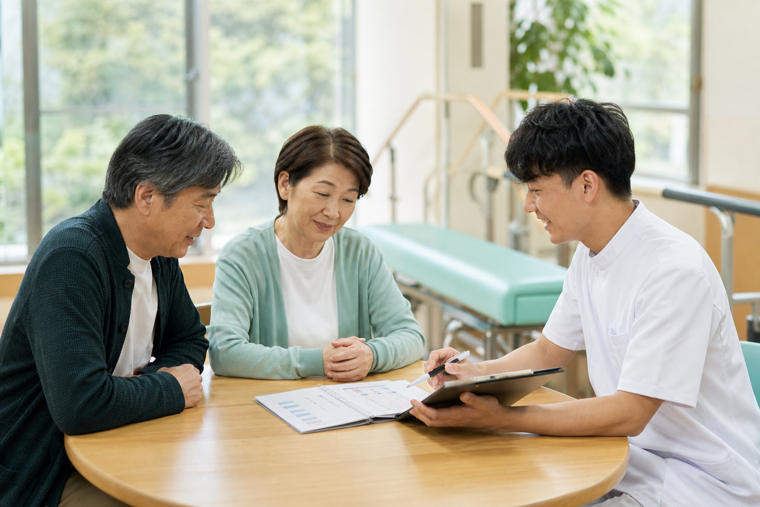 脳卒中後の方と家族が専門職と生活習慣や運動計画を相談する様子