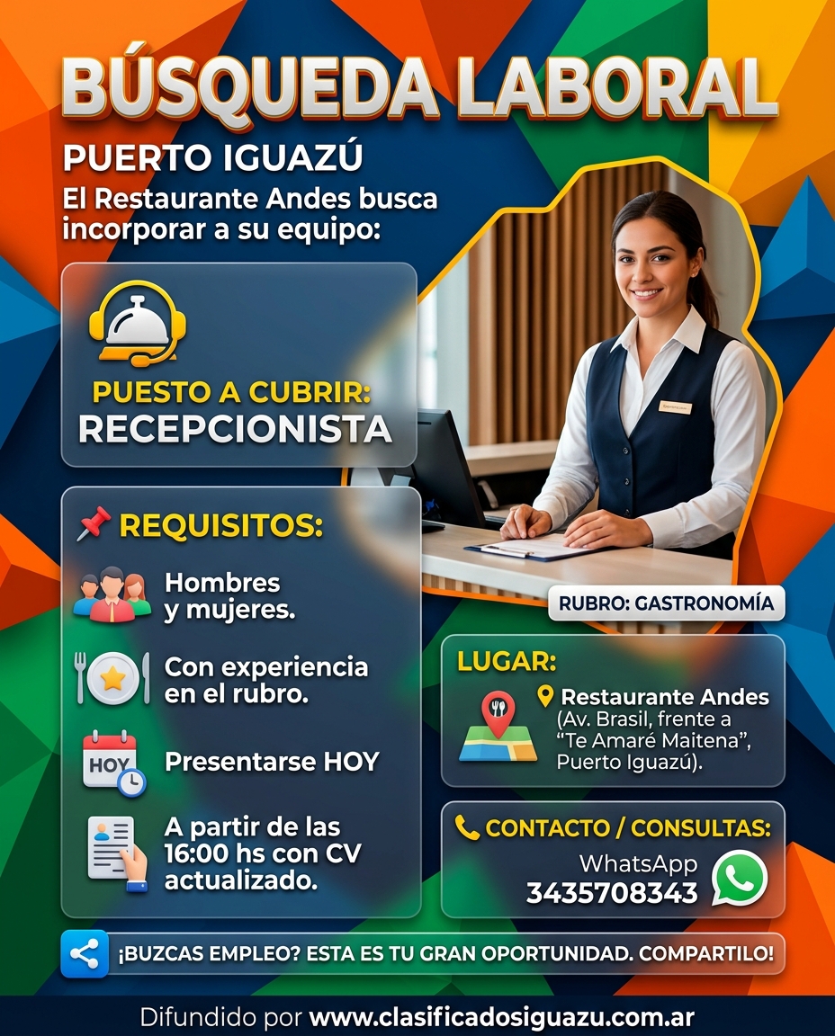 Se Busca Recepcionista para Restaurante en Puerto Iguazu