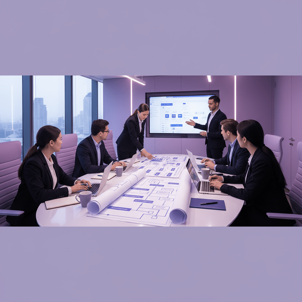Cross-functional hotel team reviewing ERP options together