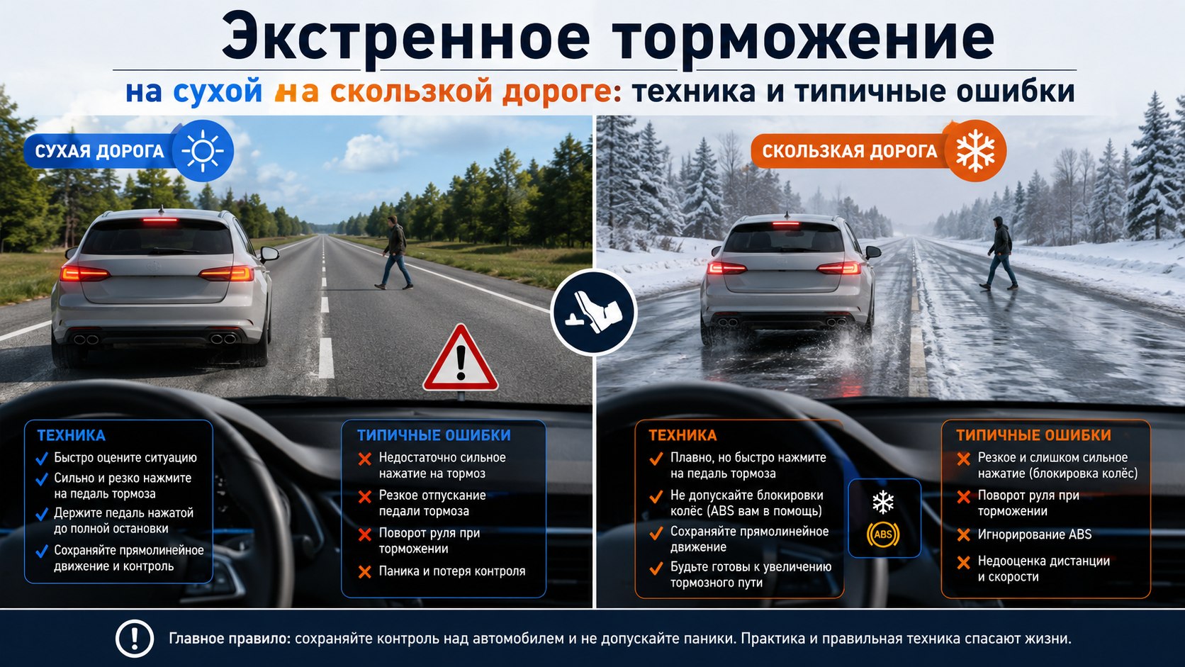 Экстренное торможение на сухой и скользкой дороге