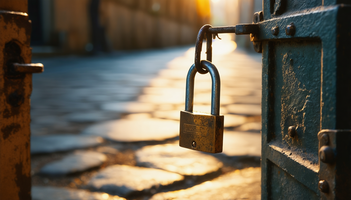 A heavy iron padlock hanging open on a gate at dawn, with light streaming through the gap.