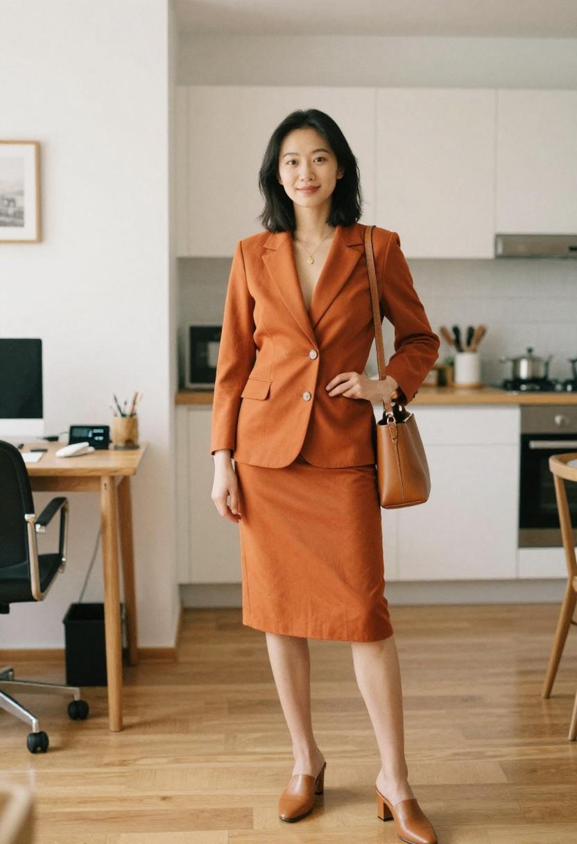 Burnt orange relaxed-shoulder skirt suit tan mules home office warm corporate chic