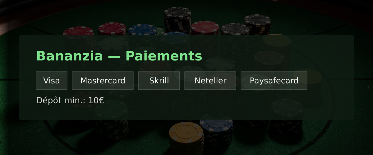 Bananzia — Paiements: Visa, Mastercard, Skrill, Neteller, Paysafecard Bananzia — Paiements: Visa, Mastercard, Skrill, Neteller, Paysafecard
