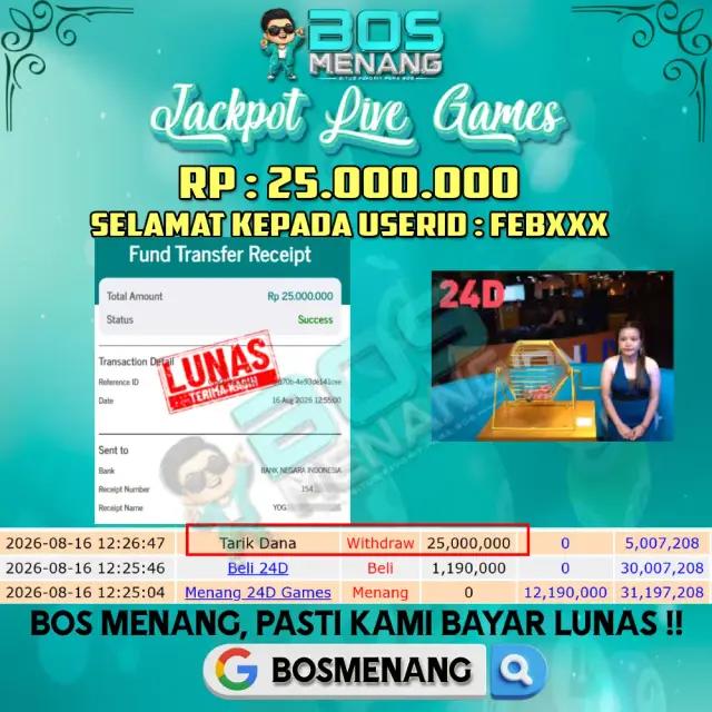 Tanggal 16 AGUSTUS 2026 - JACKPOT LIVE GAMES - 24D Games Rp 25.000.000,-