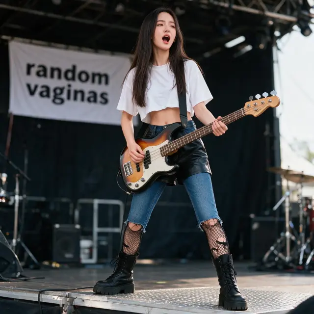 A girl wearing a white oversized cropped t-shirt, fitted blue denim jeans, big black boots, ripped fishnet tights, leather shorts, standing on a bandstand, playing bass guitar, singing, energetic, banner reads ‘random vaginas’, full body view