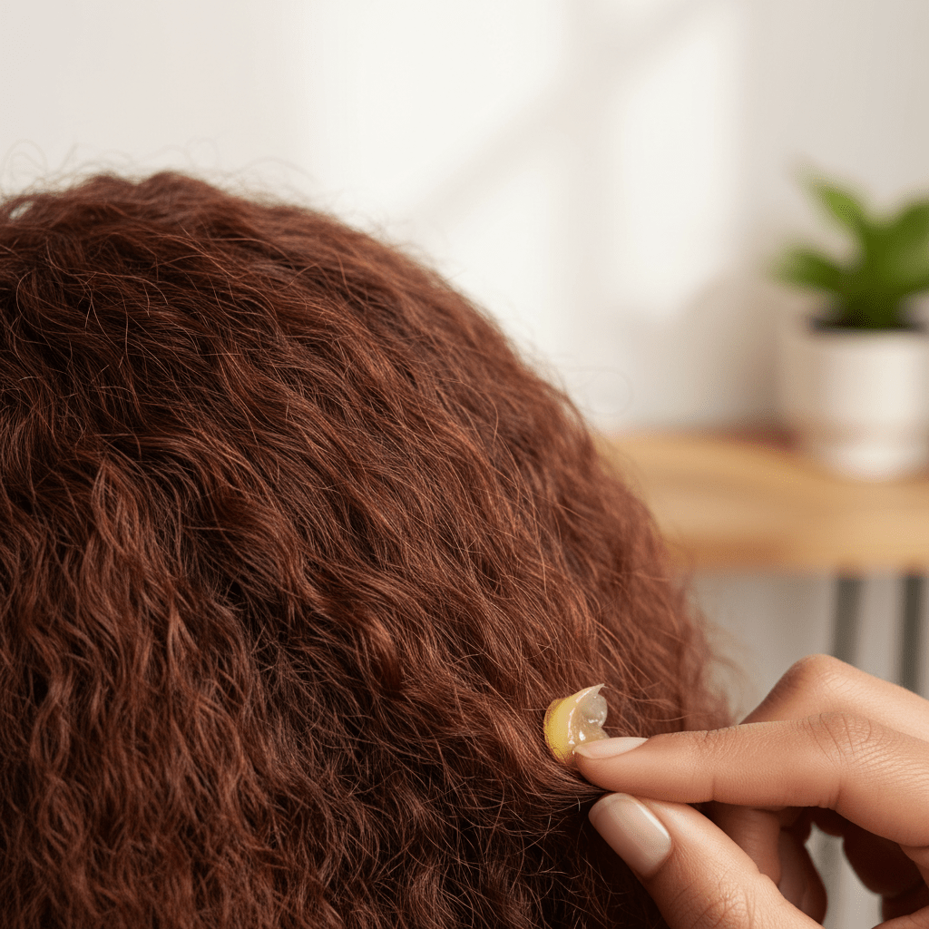 Close-up of beeswax pomade being applied to hair