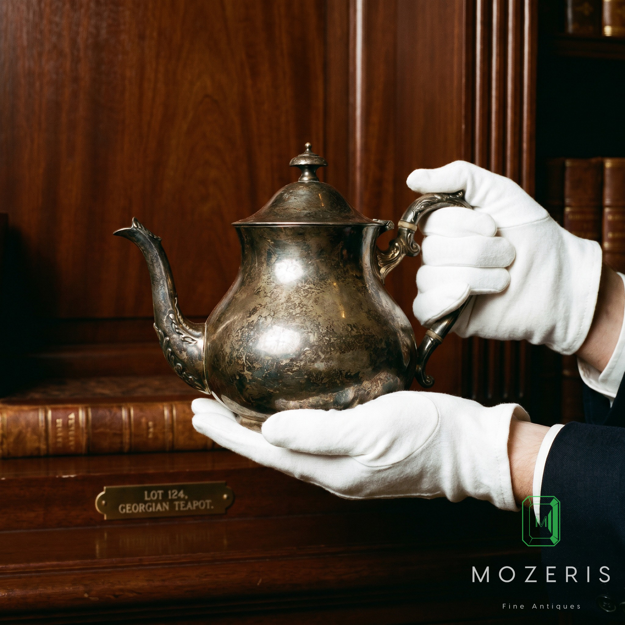 Antique silver teapot being valued by specialist