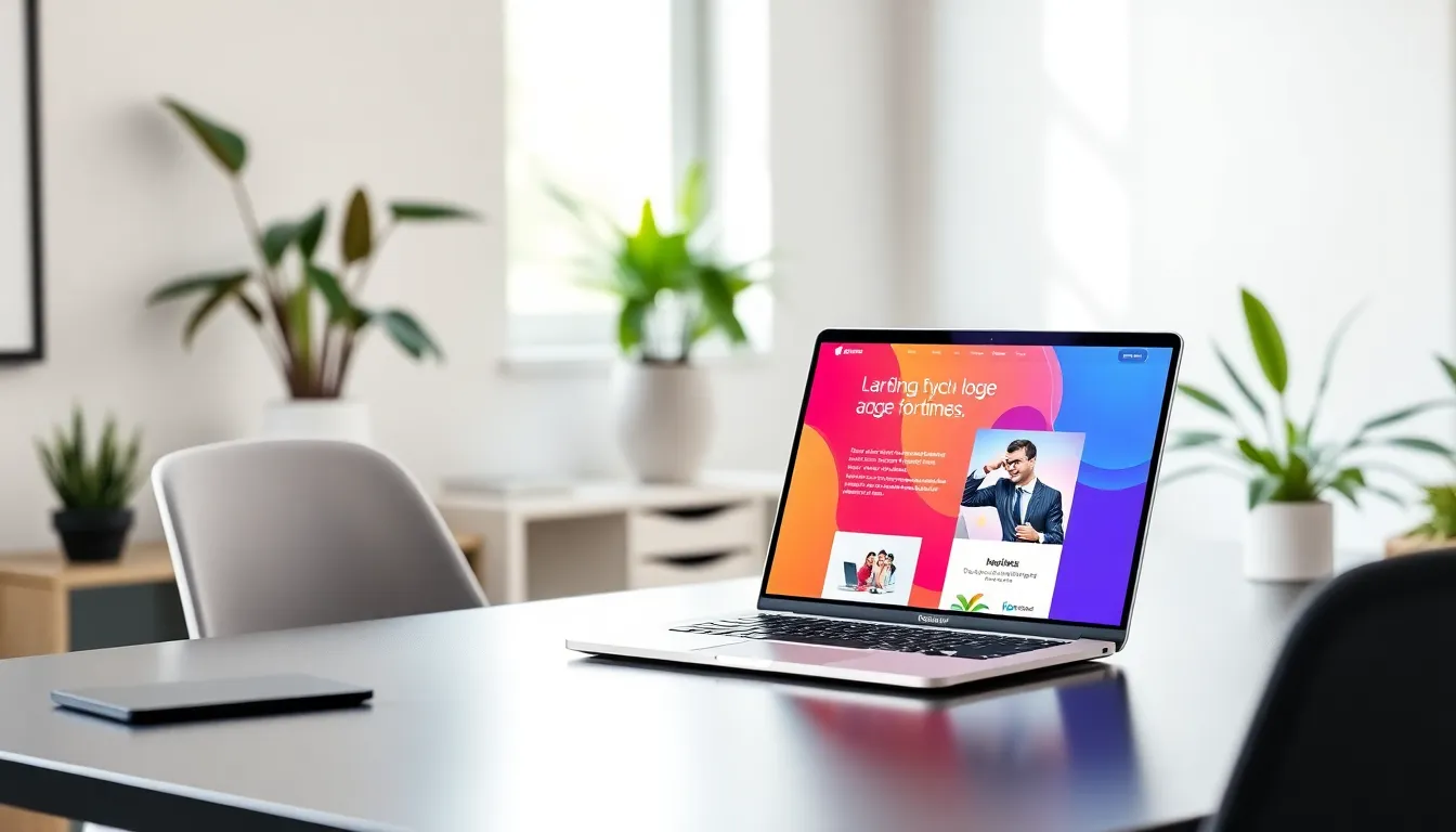 Laptop on a modern desk displaying a colorful landing page design in a bright office.