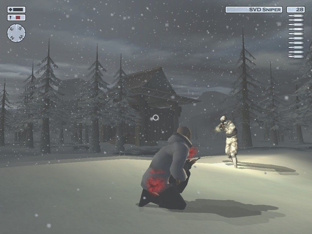 Agent 47 crouching with a sniper rifle near an armed guard in the snowy Japanese mountains