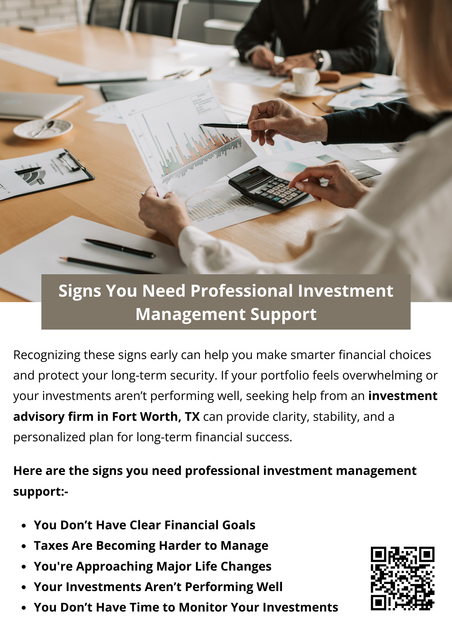 If managing your portfolio feels overwhelming or your investments aren’t performing as expected, it may be time to seek help from an investment advisory firm in Fort Worth, TX. Signs include unclear financial goals, poor diversification, emotional decision-making, and difficulty keeping up with market changes. Professional support provides structure, strategy, and ongoing guidance to help protect and grow your wealth. To know more visit here https://www.alignedwealthadv.com/