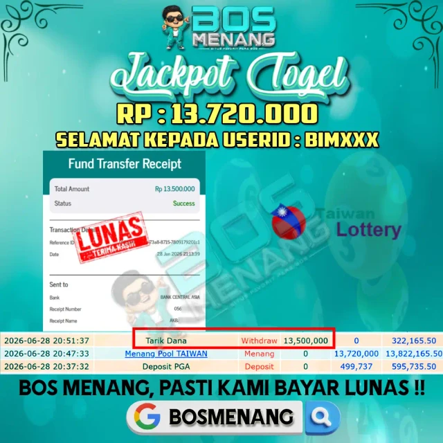 Tanggal 28 JUNI 2026 - JACKPOT TOGEL - TAIWAN Rp 13.720.000,-