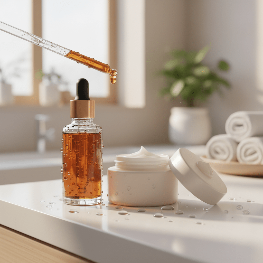 Glycerine skincare dropper beside moisturizer and water droplets on a clean vanity