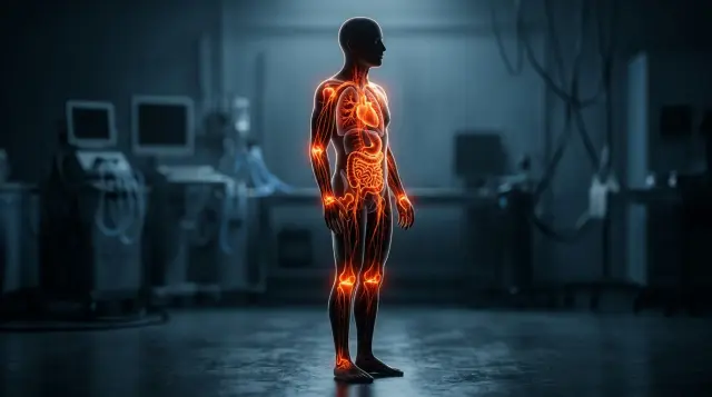 Translucent human silhouette with glowing inflamed organs connected by fiery pathways, dark clinical setting