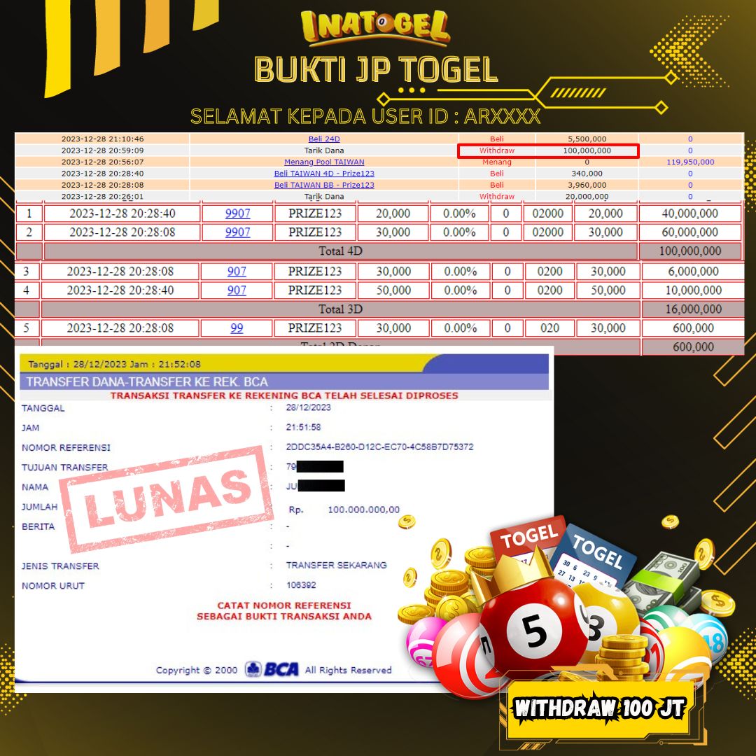 BUKTI PEMBAYARAN JP PASARAN TOGEL TAIWAN Rp100,000,000,- LUNAS