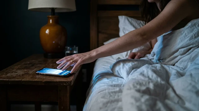 Hand reaching for glowing smartphone on nightstand in dark bedroom, restless mood