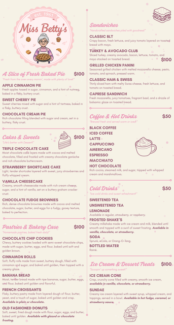 Miss Betty's Menu