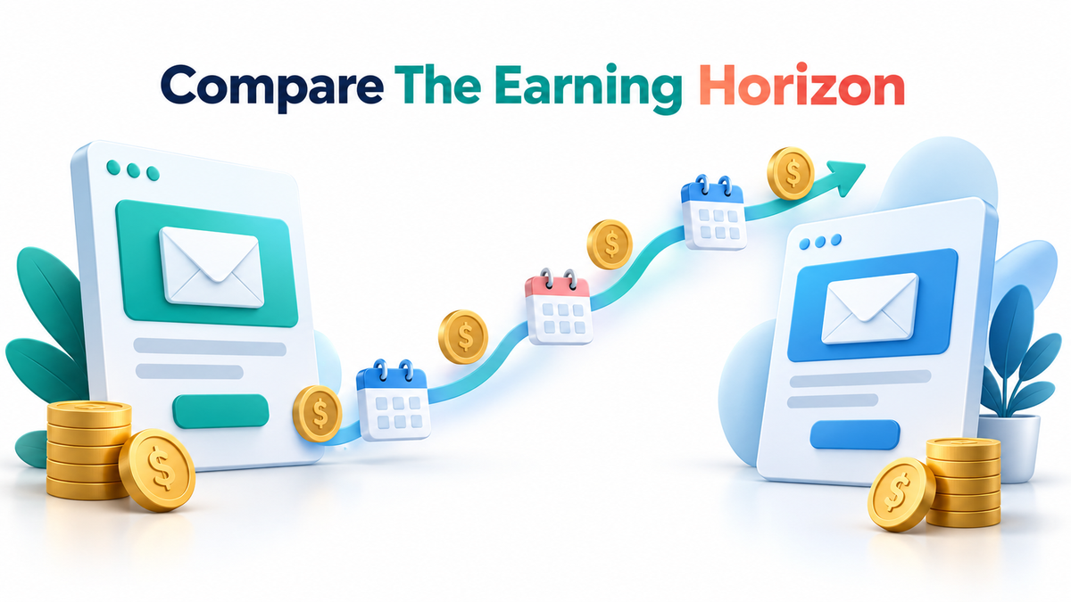 Two abstract recurring payment timelines under Compare The Earning Horizon, illustrating a fixed period and continued eligible payments
