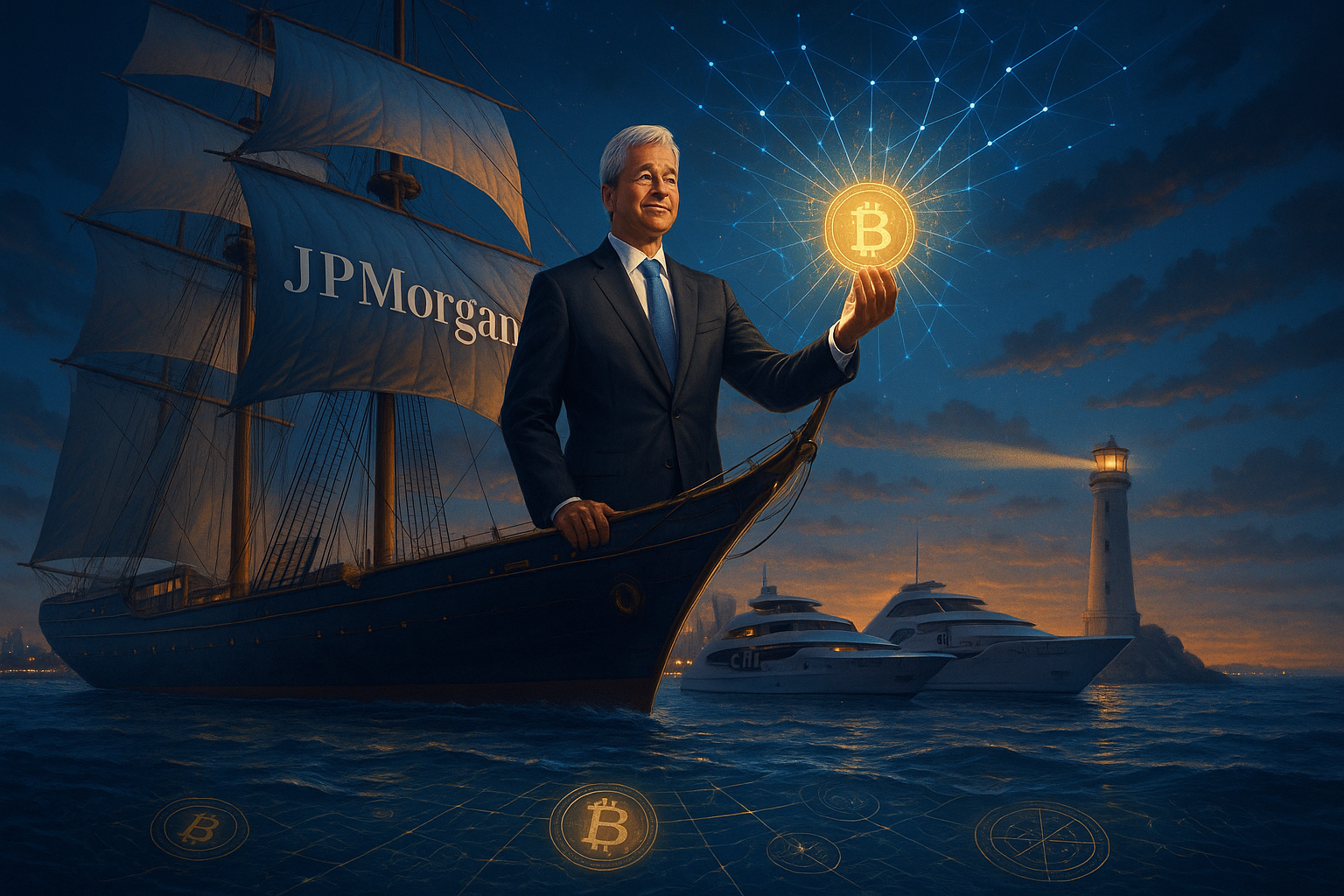 Illustration of JPMorgan CEO Jamie Dimon discussing stablecoin possibilities with banking partners